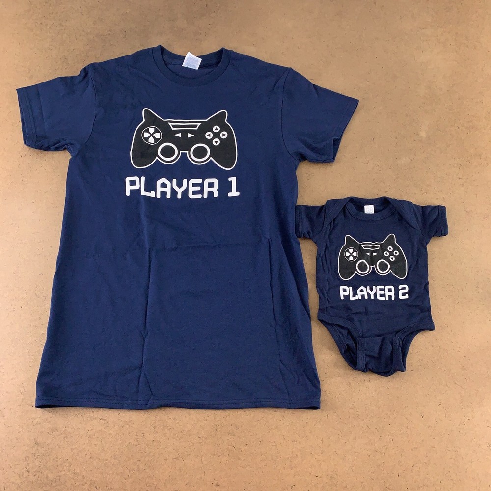 Adult Small & Newborn Gaming Player One Player Two T-Shirt & Bodysuit Set New