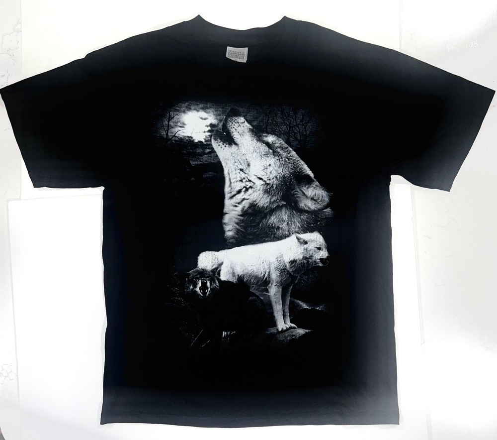 Vintage NWT National Heritage Howling Wolf T Shirt Black Size Large