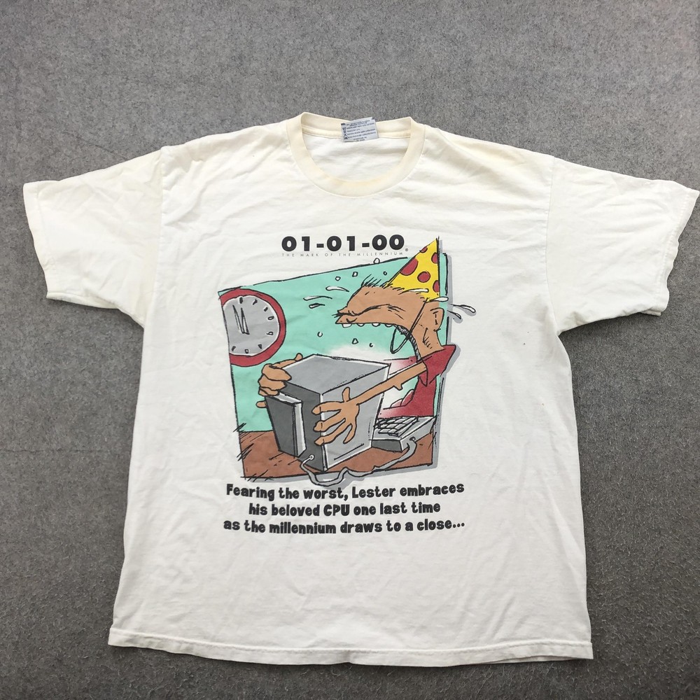 VINTAGE Y2K Computer Shirt Mens XL White 01-01-00 USA Lee Graphic Humor 90s