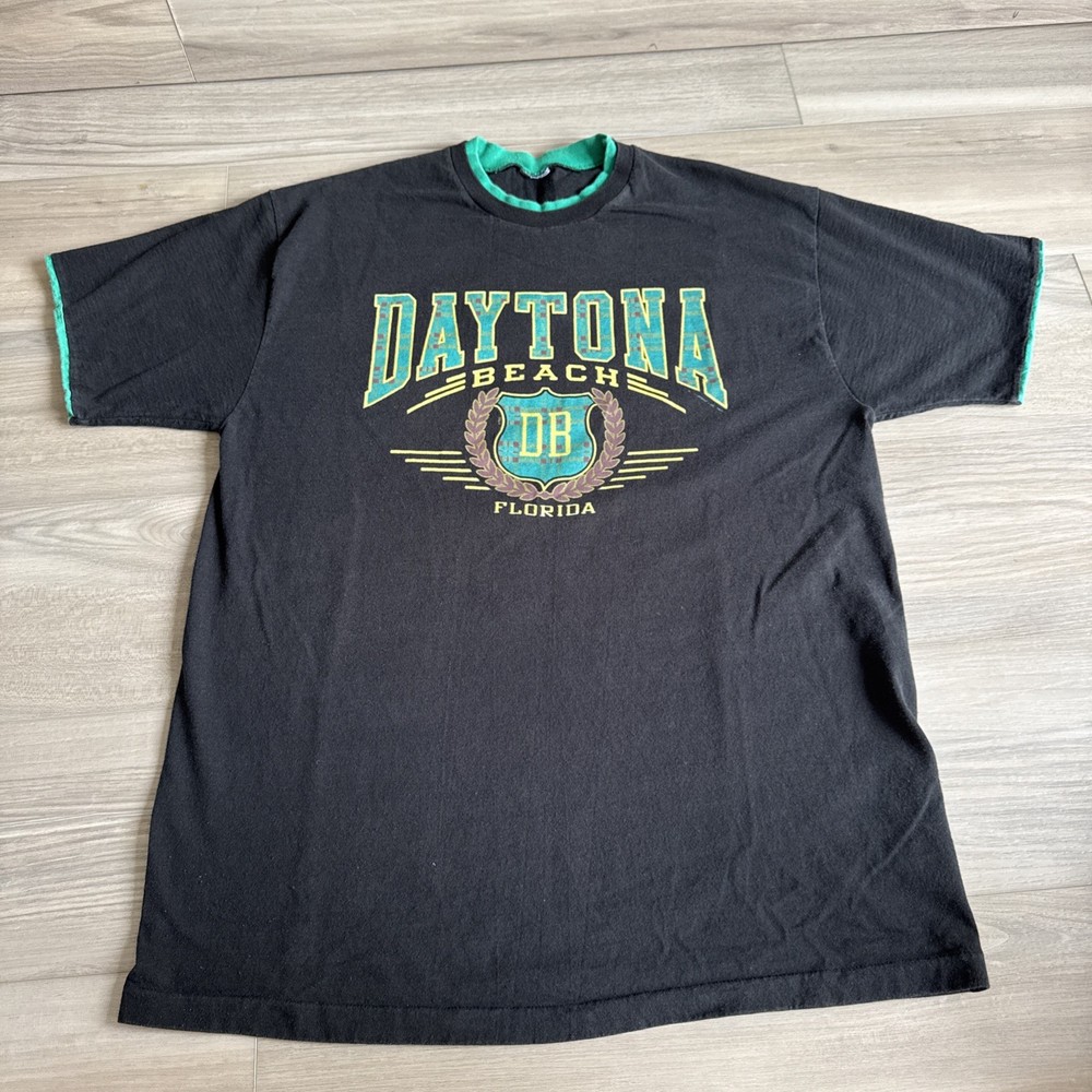 Vintage 80s 90s Daytona Beach Florida Ringer T Shirt Mens Size XL Black Green