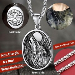 Nordic Viking Jewelry Men, Stainless Steel Vikings Stuff Wolf Compass Pendant…