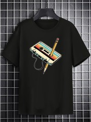Men Retro Cassette Print T-Shirt – Casual Crew Neck, Slight Stretch, Summer Top▧