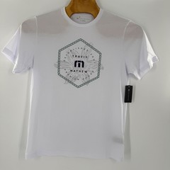 TravisMathew Mens Graphic T-Shirt White Floral Hexagon Logo Tee Large NEW