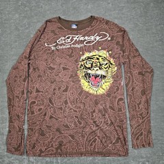 Ed Hardy Shirt Mens XL Brown Long Sleeve Tiger Skull Tattoo Graphic Tee Paisley