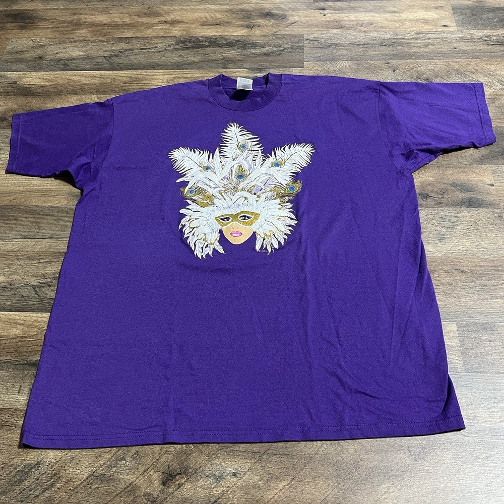 VTG Mardi Gras New Orleans Puff Print Graphic Mardi Gras Mask T-Shirt Mens XXL