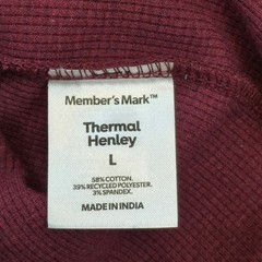 NWT Member’s Mark Thermal Henley Maroon L Waffle Knit Cotton Poly Blend Stretch