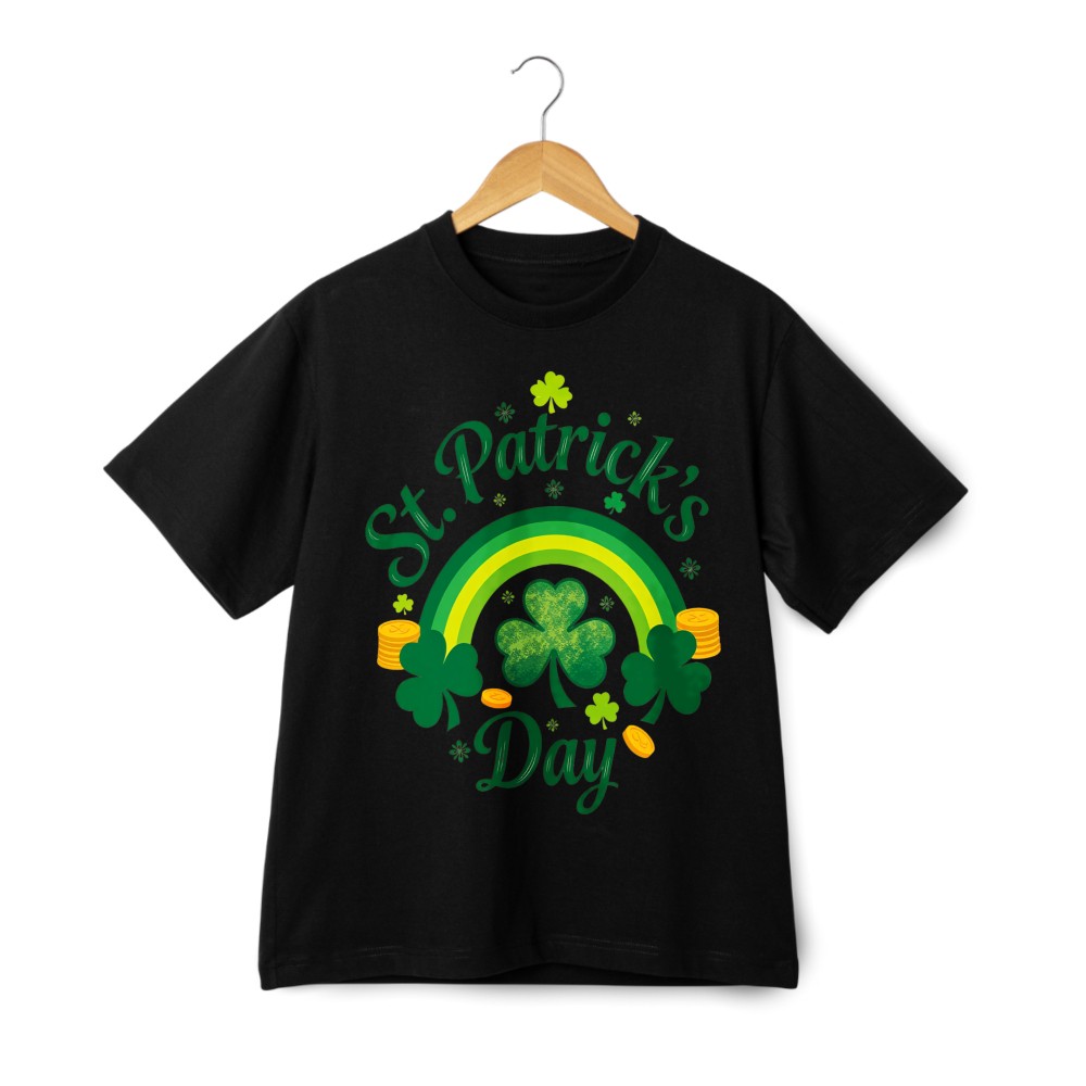 Unisex Tshirt St Patrick’s Day Shamrock Rainbow Clover Lucky Coins Black White