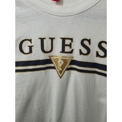 GUESS Mens White Long Sleeve Graphic Logo Tee Shirt Gold Foil Navy Stripe M Y2K