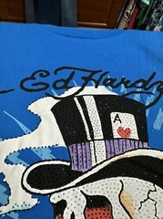 Ed Hardy Mens SZ L Short Sleeve Shirt Capri Blue Skull Dice Rhinestone 2 Sided
