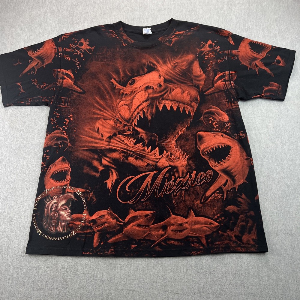 Vintage Great White Shark Bloody All Over Print T Shirt Sz XXL Yazbek Tag Mexico
