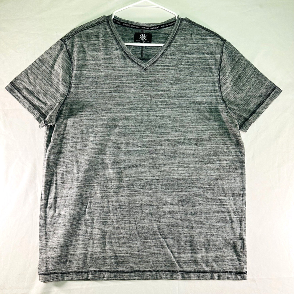 Rock & Republic Gray Y2K Short Sleeve V-neck Cotton Poly Blend T-shirt Mens XL