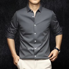 Spring Mens Long Sleeve Shirt Silk Cotton Business Casual Formal Slim Fit Shirts