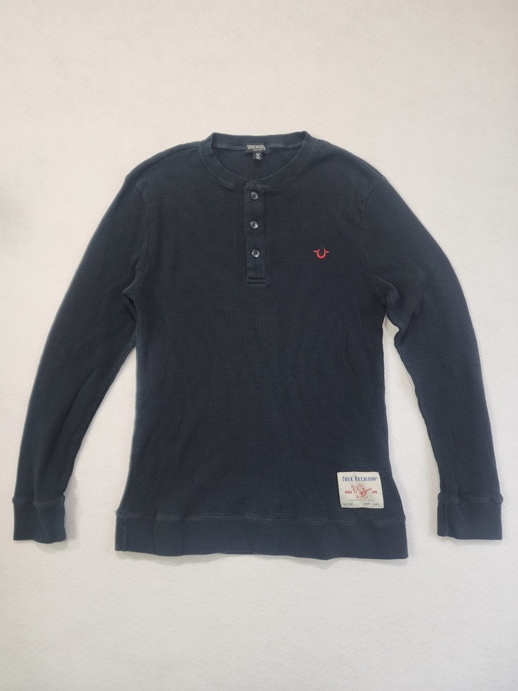 True Religion Thermal Shirt Mens M Black Horseshoe Logo Waffle Knit Henley Neck