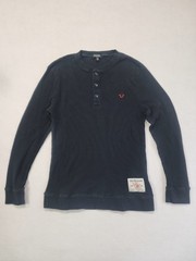 True Religion Thermal Shirt Mens M Black Horseshoe Logo Waffle Knit Henley Neck