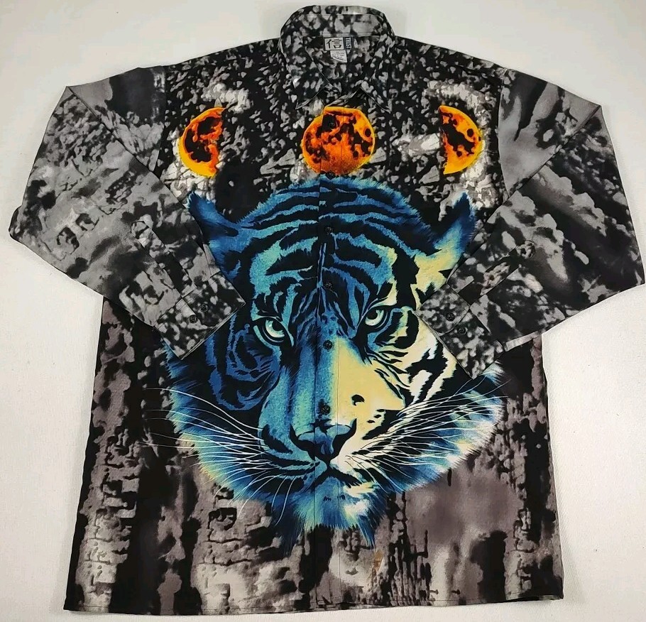 Vintage Trust Tiger Shirt Men’s XL Black Gray Long Sleeve Button 90s Flaws