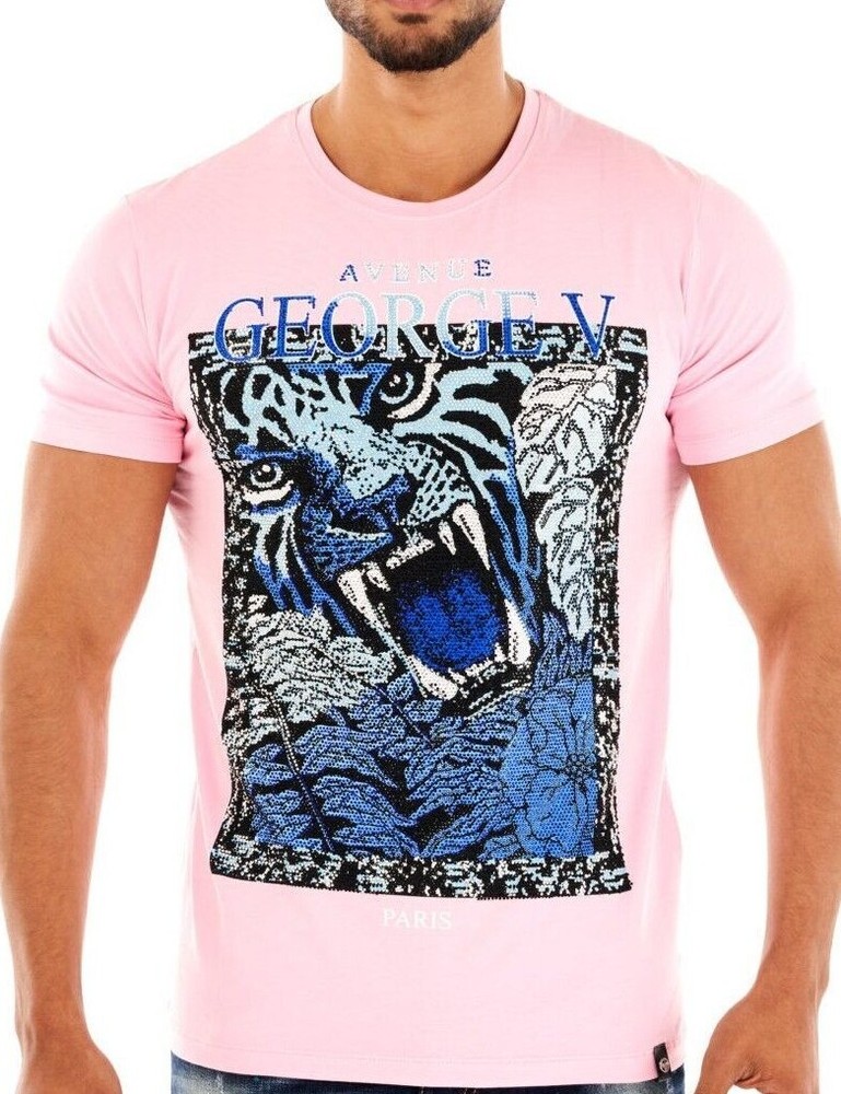 Avenue George V Paris T-Shirt Lion Men’s Pink Tee Rhinestone Fitted XL 2XL 3XL