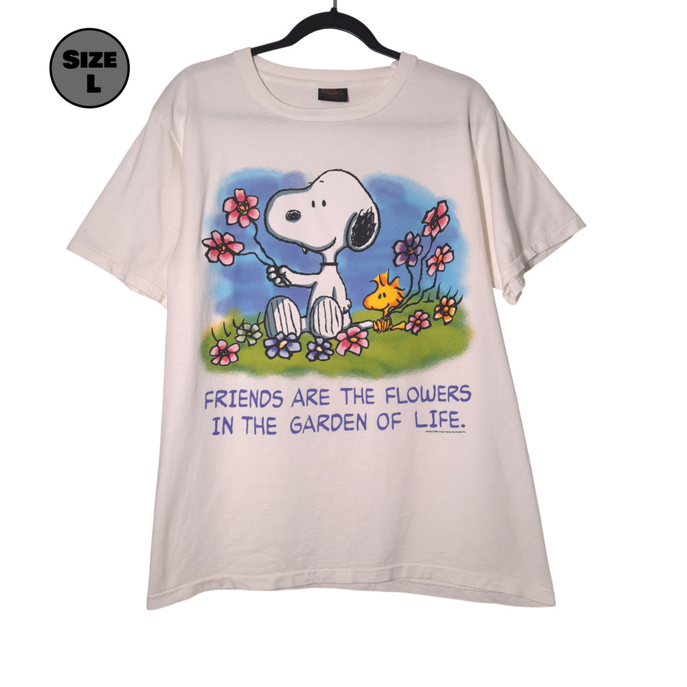 VINTAGE Snoopy: Friends Are The Flowers USED Shirt: DISTRESSED, L, Single Stitch
