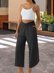 Wide Leg Pants Crossover High Waisted Casual Yoga Pockets Lounge Split Bottoms