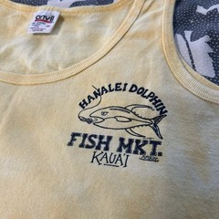 Vtg 90s Hanalei Dolphin Fish Market Kauai Tank Top M Anvil Red Bar USA Tie Dye