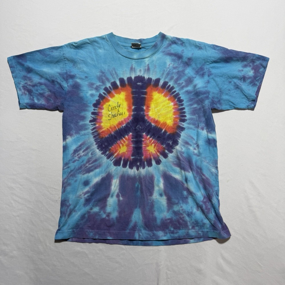 SunDog Tie Dye Peace Sign T-Shirt L Signed Cindy Sheehan Anti-War Made in USA