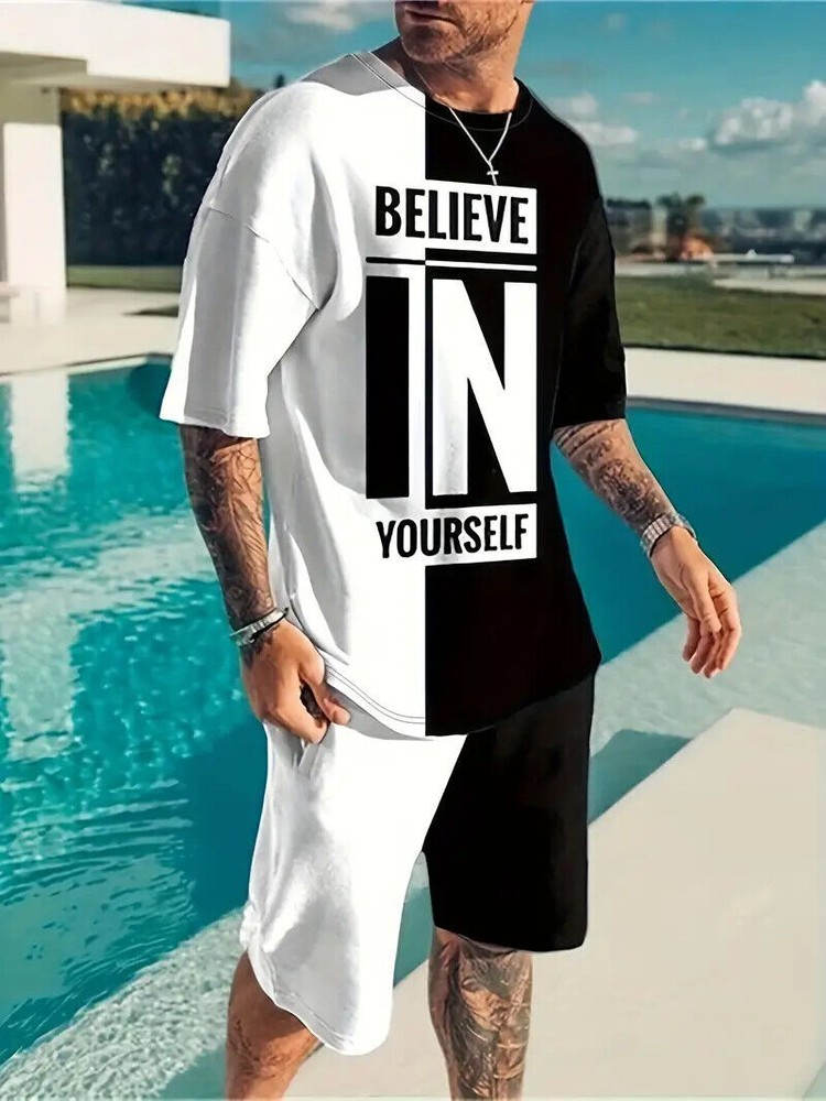 T Shirts Believe In Yourself Graphic Casual Outfit Fashion Drawstring Shorts SET