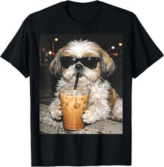 Funny Shih Tzu Drinking Iced Coffee T-Shirt Cute Dog Meme Unisex Tee