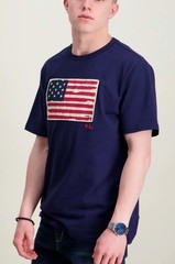 Polo Ralph Lauren Navy Distressed AMERICAN FLAG Appliqué Short Sleeve T Shirt