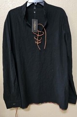 Men’s Casual Long Sleeve Henry Shirt Lace-Up Stand-Up Collar Cotton Linen Blouse