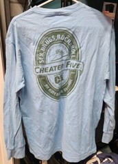 Surf Shirt Mens Large Blue Cheater Five Sex Drugs Rock N Roll Hawaii FLAWED G*