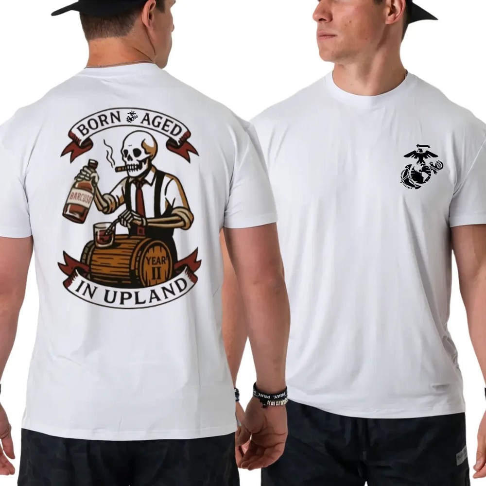 Born And Aged In Upland T-Shirt, Vintage Skeleton Bartender Graphic 2 Sides