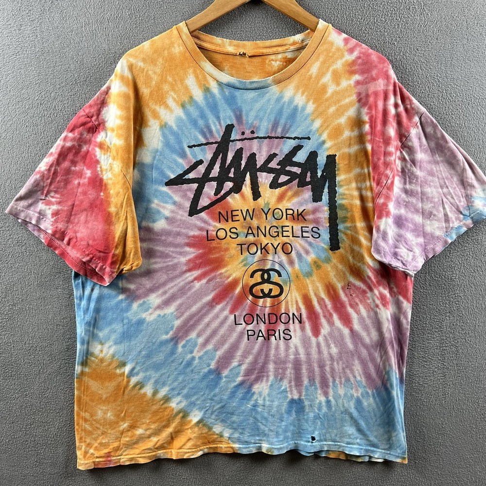 Vintage Stussy Shirt Mens XL Tie Dye Distressed Y2K Surf World Tour City Tee