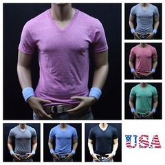 Mens V-Neck T-Shirt Slim fit Casual Muscle Fashion Casual GYM Fitness Active Tee