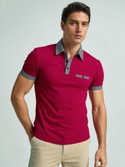 Men’s Contrast Trim Polo Shirt, Short Sleeve Button Henley Tee with Houndstooth