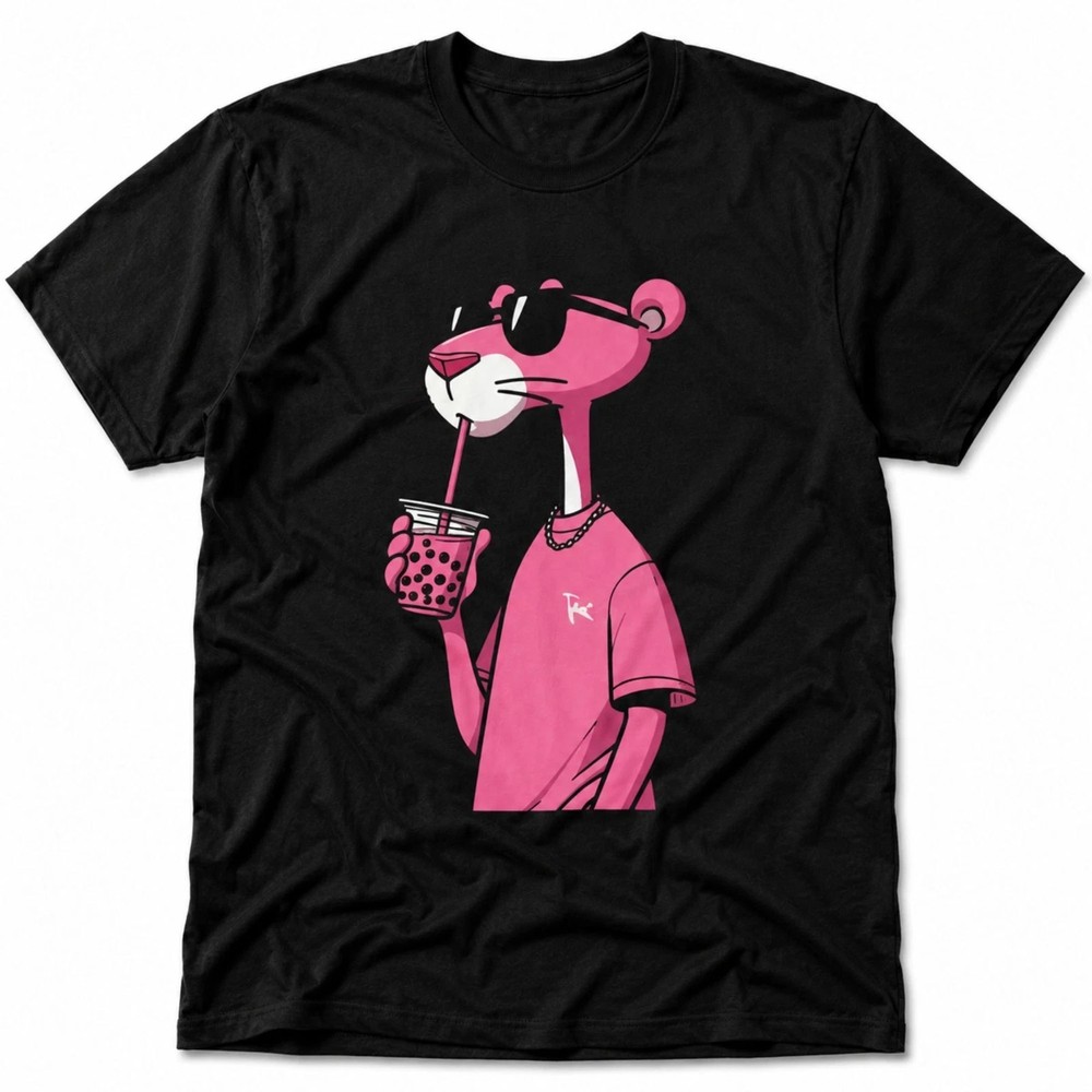 Pink Cartoon Panther Drinking Boba Funny Graphic T-Shirt Gift For Fan DH1516