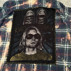 Custom Bleached Flannel Kurt Cobain Nirvana Patch Shirt Grunge Distressed XL