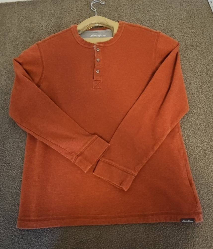Eddie Bauer Mens Large Henley orange Ultrasoft long Sleeve pull on