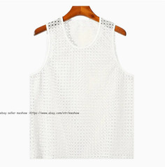 Mens Knitted Crochet Tank Tops Summer Hollow Sleeveless T-shirt Scoop Neck Shirt