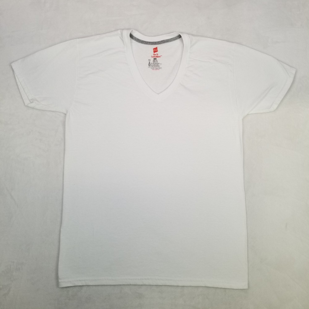 Hanes White Basic Slim Fit ComfortBlend T-Shirt Men’s Size Medium V-Neck Blank