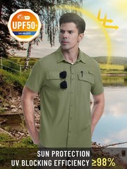 Mens Fishing Shirt Cool Hiking Button Up Quick Dry Short Sleeve UPF50+ Sun Shirt