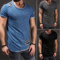 Hot Men’s Slim Fit O Neck Short Sleeve Muscle Tops T-shirt Ripped Casual Blouse