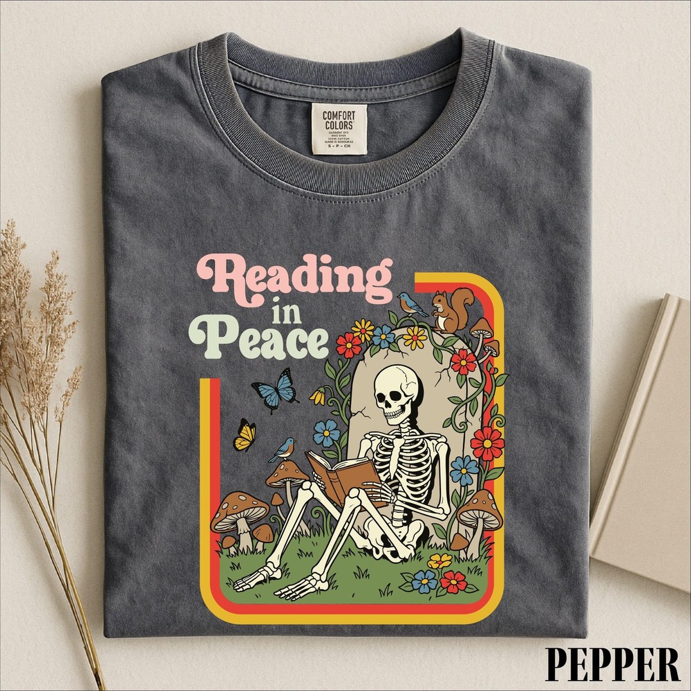 Reading in Peace Shirt Skeleton Book Lover Funny Halloween Reader Unisex Tee
