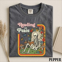 Reading in Peace Shirt Skeleton Book Lover Funny Halloween Reader Unisex Tee