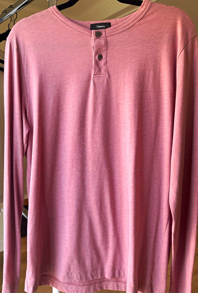 Theory Pink Solid Henley Long Sleeve Knit T-Shirt L Pima Cotton Blend