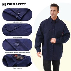Men FR Shirt 7oz Fire Resistant CAT2 Welding 100% Cotton Navy 2XLarge