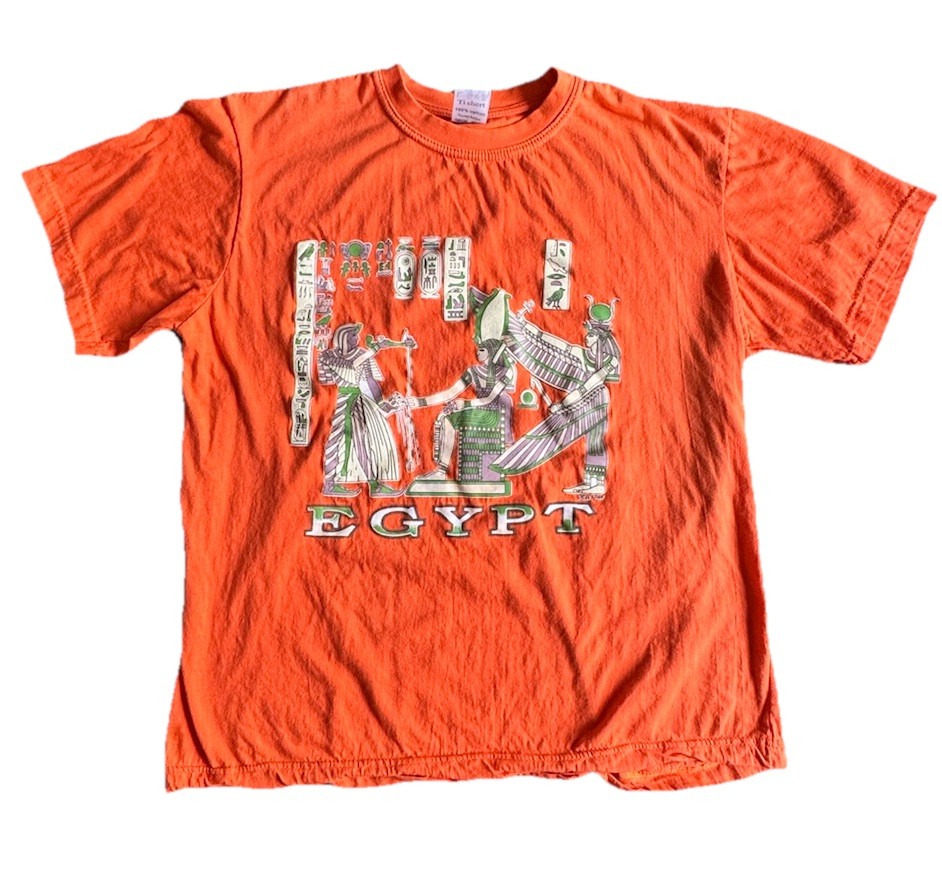 Vintage Egypt Graphic T Shirt Mens Large Orange Hieroglyphics Souvenir 90s Tee L