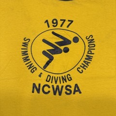 VTG 70s Champion SZ L Blue Bar NCWSA Swimming Diving Champions Yellow Ringer USA