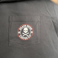 Death Wish Coffee Shirt Mens XL Black Hearts Skull Crossbones Pocket Caffeine
