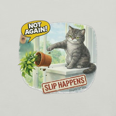 Cat Slip Happens Funny T-Shirt Front Only Random Meme White Silver Unisex