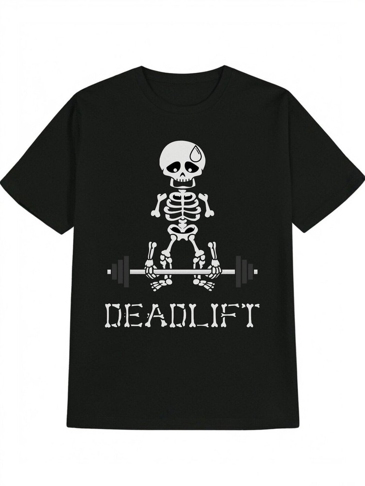 Men’S Casual Crew Neck T-Shirt with Skeleton Weightlifting Graphic