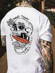 Men’s Summer Casual Letter & Skeleton Print Round Neck Short Sleeve T-Shirt